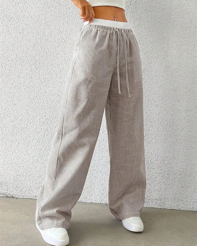 High-Waisted Wide Leg Pants for Women with Stripes, Drawstring, and Loose Fit
