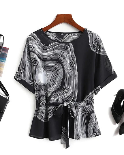 Vintage Chiffon Blouse for Women - Striped, Short Sleeve, Lace-Up