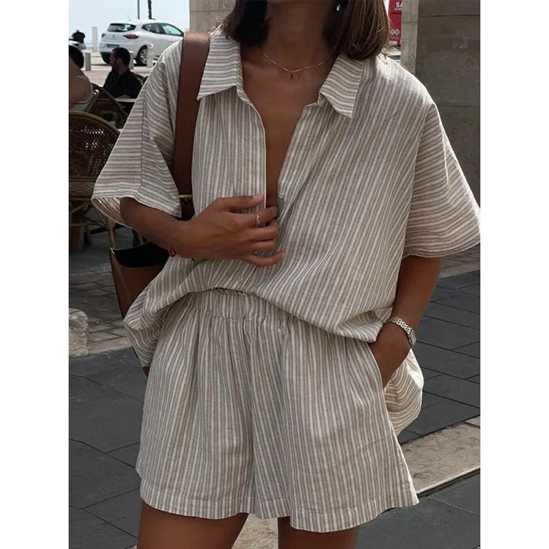 Stylish Women's Two-Piece Set - Striped Shirt & Lace-Up Shorts