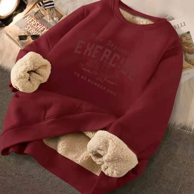 Women's Loose Fit Letter Print Plush Sweatshirt - Thick Padded Fleece