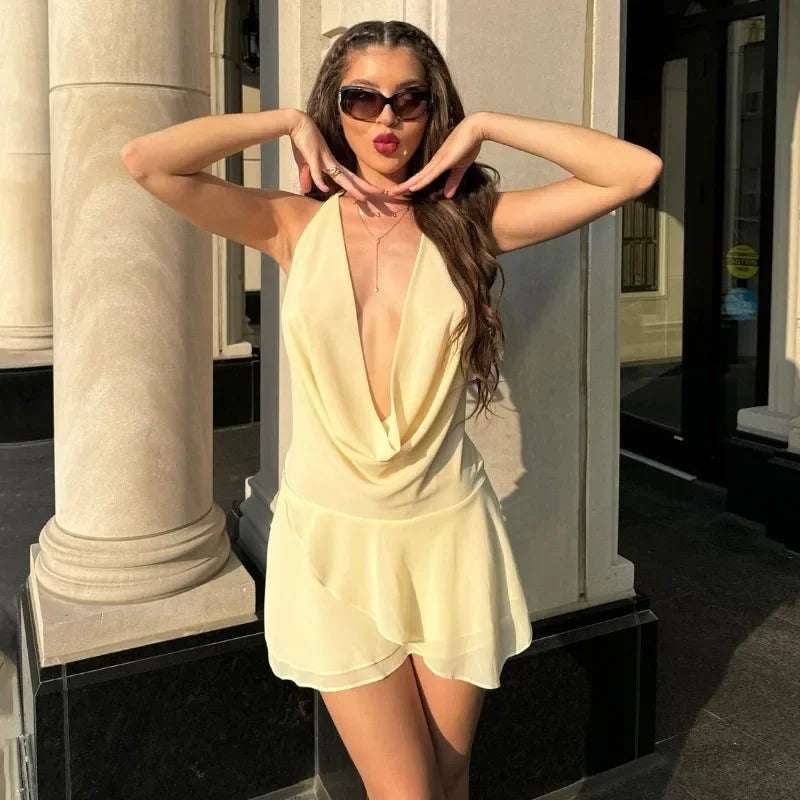 Ruffled Halter Backless Mini Dress for Women - Sleeveless Style
