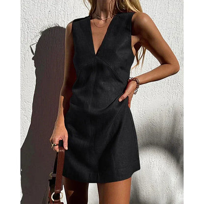 Women's Elegant Sleeveless V-Neck Linen Dress - Various Colors