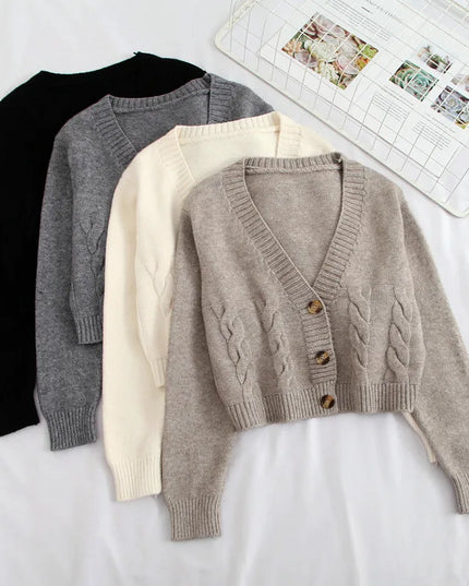 V-Neck Cropped Long Sleeve Knit Cardigan for Women