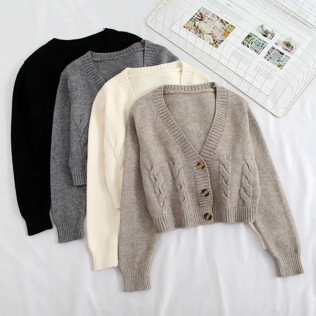 V-Neck Cropped Long Sleeve Knit Cardigan for Women