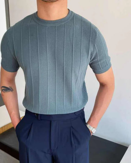 Men's Casual Round Neck Knit T-Shirt with Jacquard Stripe
