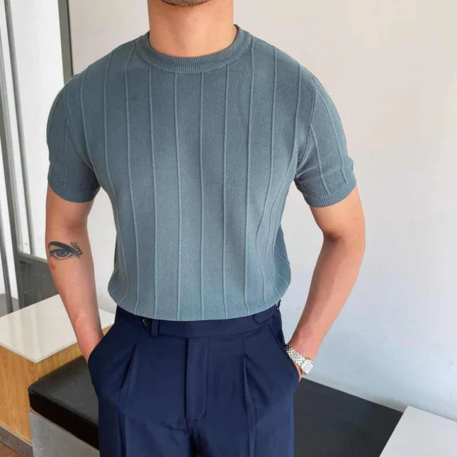 Men's Casual Round Neck Knit T-Shirt with Jacquard Stripe