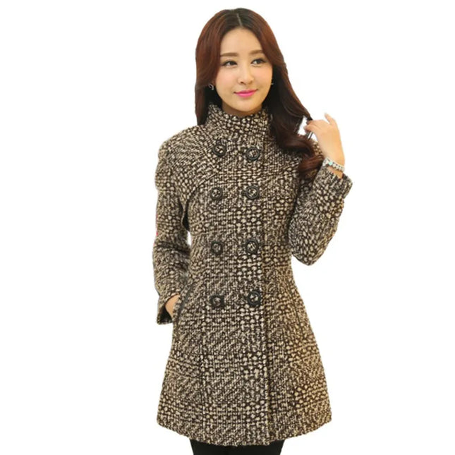 Women's Wool Blend Coat - Elegant Plaid Slim Fit Long Coat