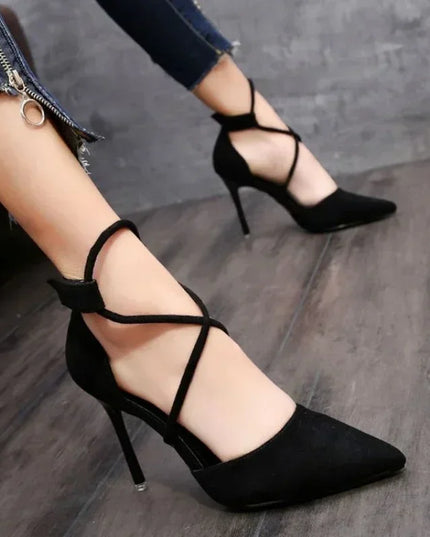 Women's Suede High Heels Roman Sandals with Cross Strap & Buckle Closure