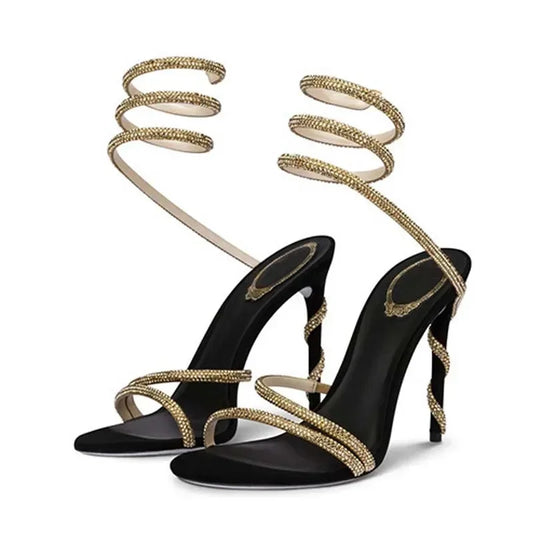 Eilyken Crystal Stiletto High Heels with Open Toe and Ankle Strap