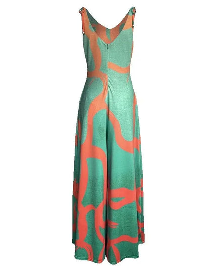 Women's Floral Print V-Neck Dress with Lace-Up Detail & Wide Leg Fit