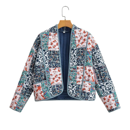 Women's Floral Print Quilted Loose Fit Jacket with Front Pockets
