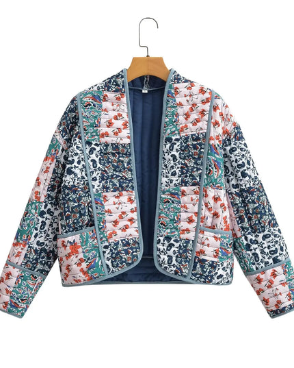 Women's Floral Print Quilted Loose Fit Jacket with Front Pockets