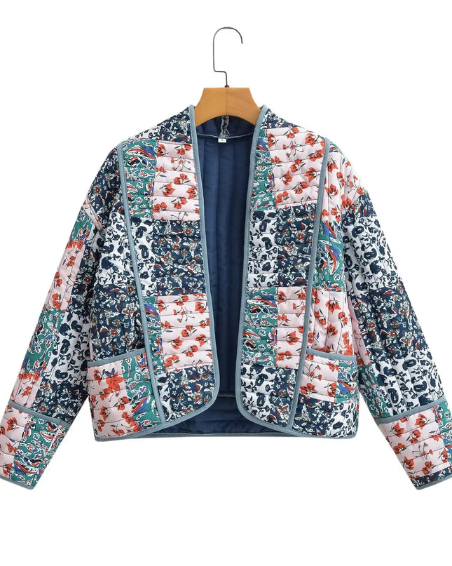 Women's Floral Print Quilted Loose Fit Jacket with Front Pockets