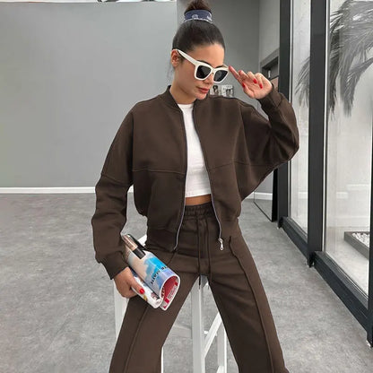 Women's Two-Piece Zipper Jacket and High-Waist Lace-Up Elastic Trousers Set