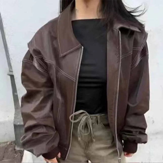Women's Zipper PU Leather Jacket with Stitch Lapel - Loose Fit