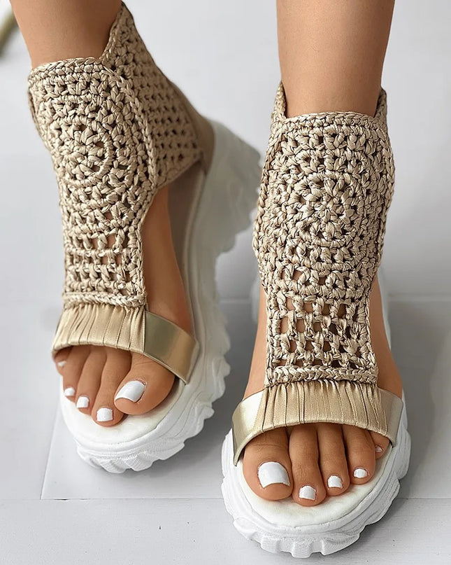 Knitted Women's Sandals with Braided Elastic and Mesh, Flat Bottom Design