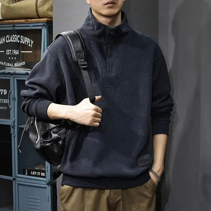 Men's Retro Long-Sleeve Half-Zip Stand Collar Sweater