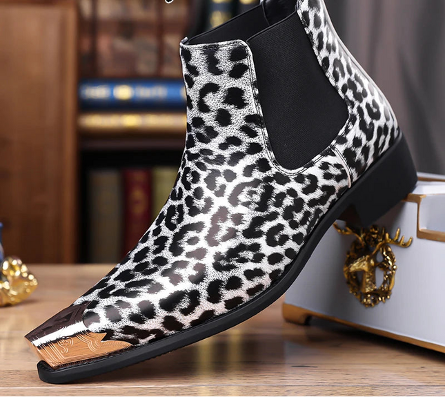 Men's Faux Leather Leopard Print Boots
