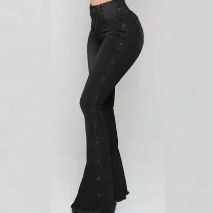 Women's High Waist Flared Jeans with Side Studded Buckle Decoration