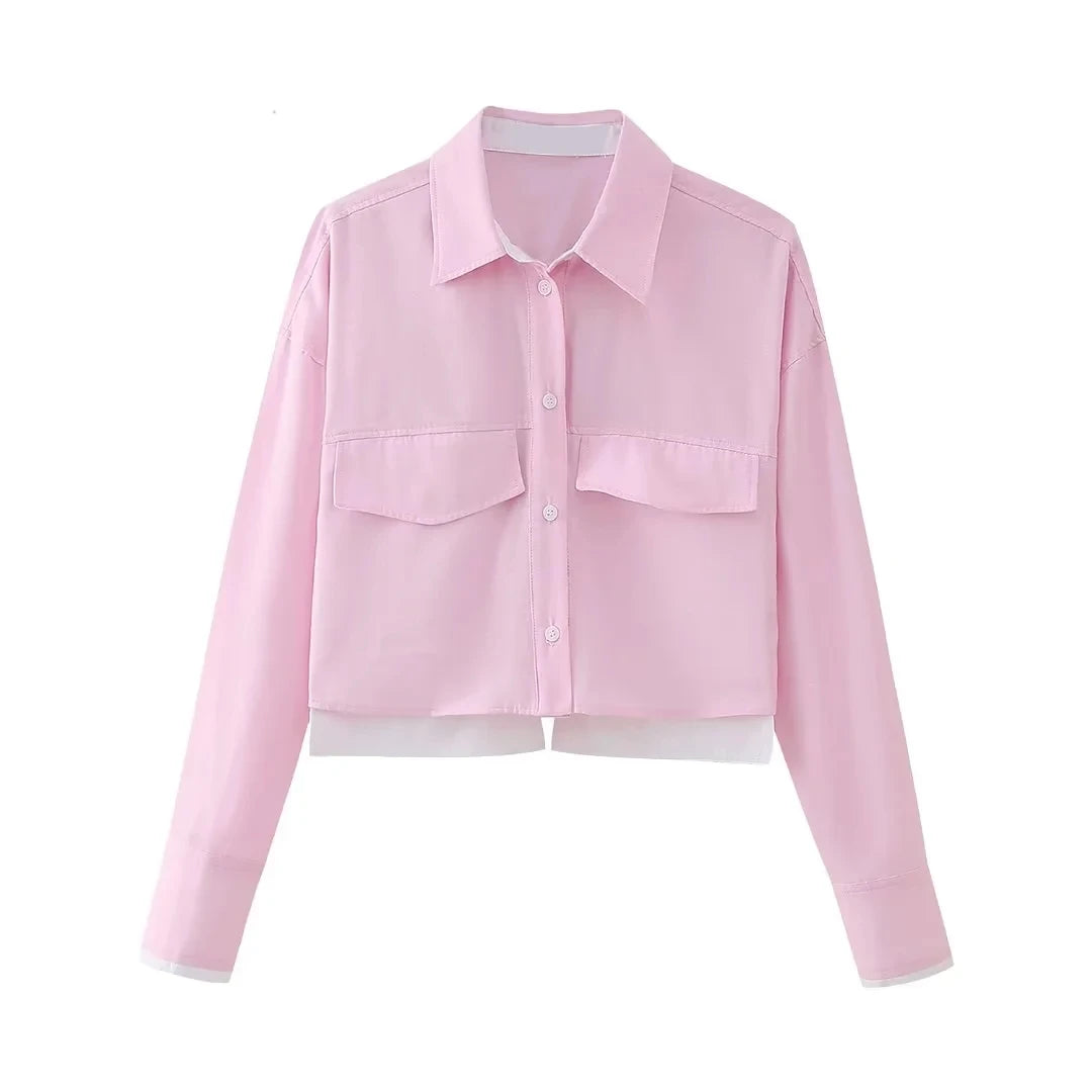 TRAFZA Women’s Cropped Button-Up Shirt