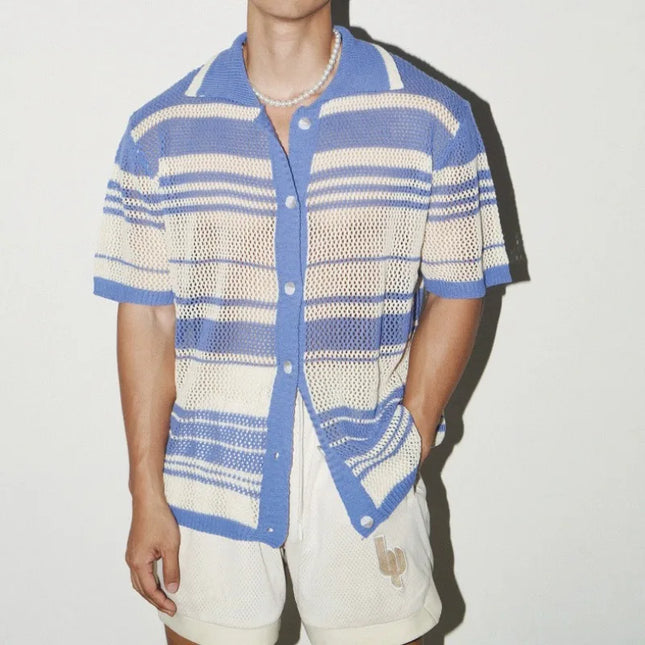 Men's Casual Loose Short-Sleeved Knitted Shirt with Lapel, Hollow-Out Design, and Stripes