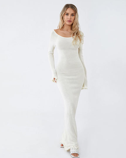 Women's Knitted Backless Bodycon Dress with Ruffle Trim
