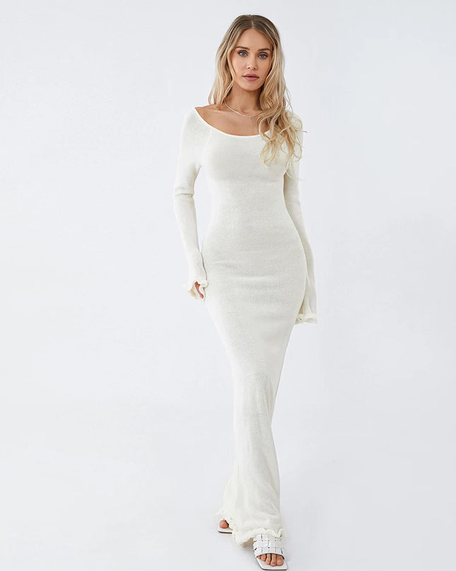 Women's Knitted Backless Bodycon Dress with Ruffle Trim