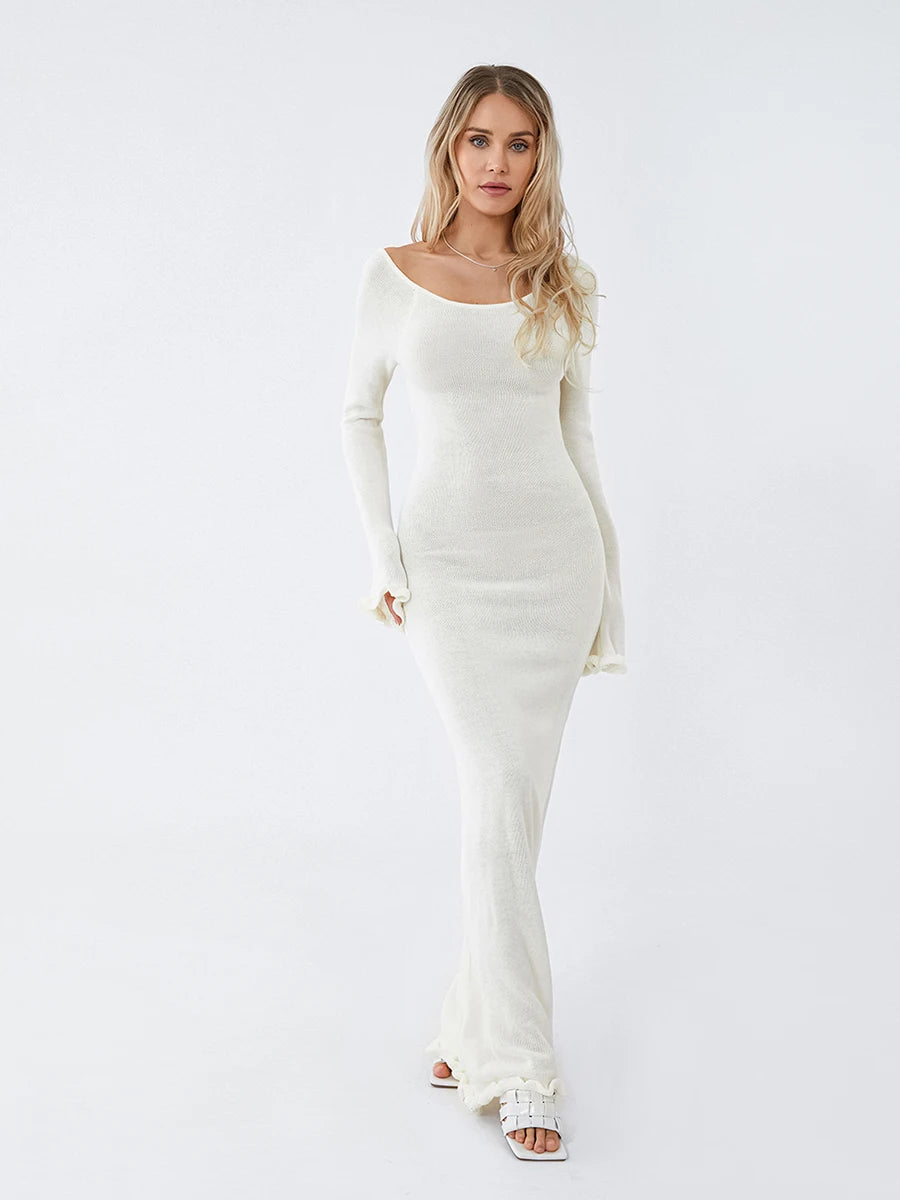Women's Knitted Backless Bodycon Dress with Ruffle Trim
