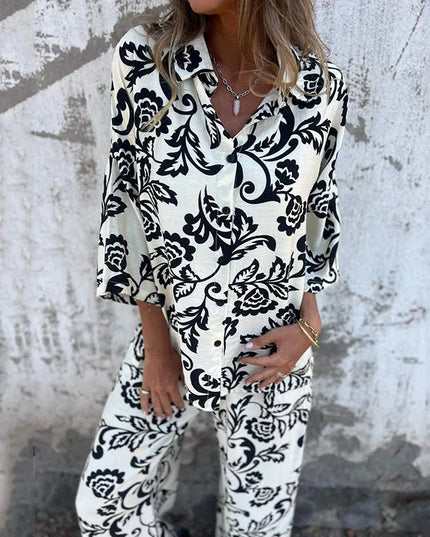 Women's Vintage Two-Piece Set: Turndown Collar Long Sleeve Shirt & Elastic High-Waist Loose Casual Pants