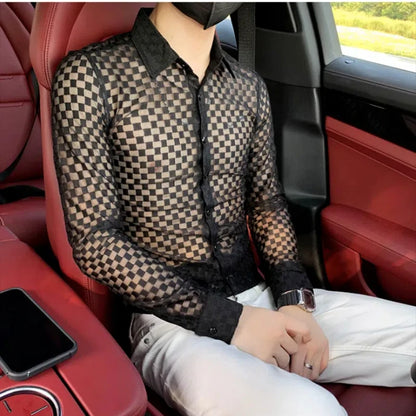 Men's Long Sleeve Plaid Shirt - Slim Fit Button-Down with Hollow Out Design