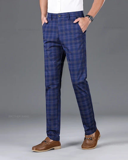 Slim Fit Cotton Plaid Stretch Trousers for Men