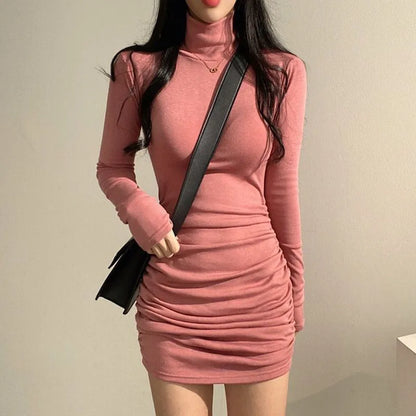 Women's High Waist Thickened Slim Fit Elastic Turtleneck Dress