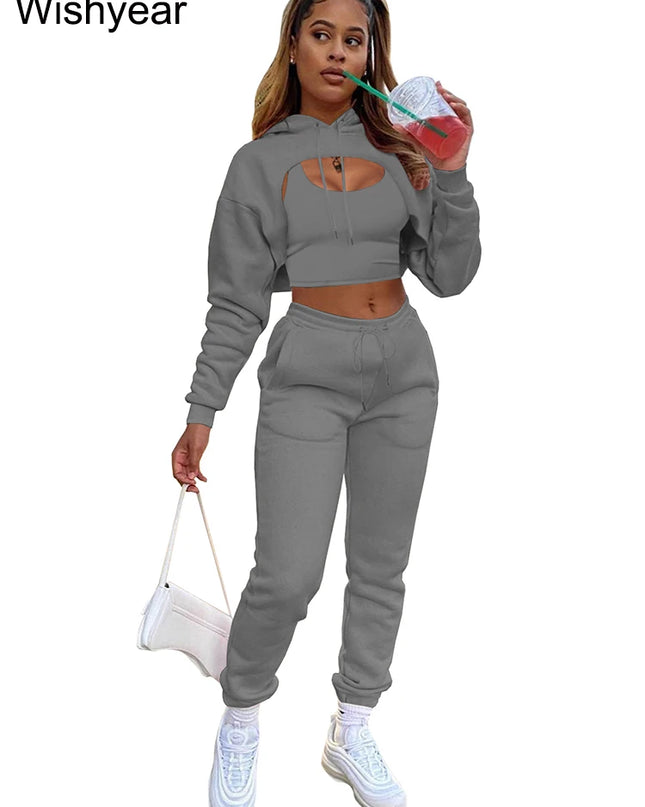 Wisyear Women's 3-Piece Velvet Tracksuit Set - Crop Hoodie, Vest, and Sweatpants Matching Outfit