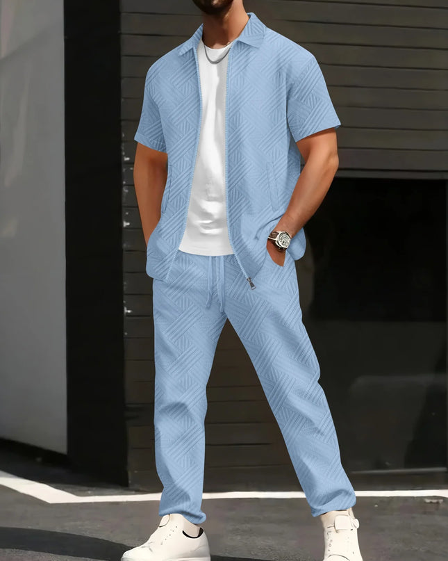 Men's Geometric Jacquard 2-Piece Short Sleeve Shirt and Pants Set with Turn-Down Collar and Zip Closure