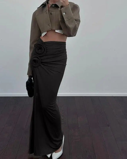 Ruched Maxi Skirts for Women with Floral Appliqué Trim