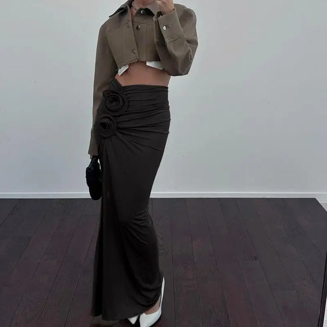 Ruched Maxi Skirts for Women with Floral Appliqué Trim