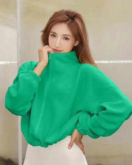 Women's High-Waist Casual Zip-Up Jacket with High Collar