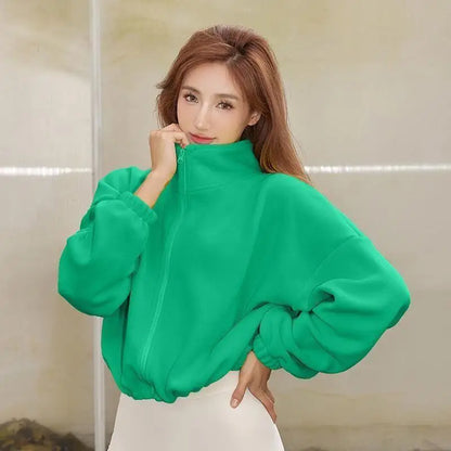 Women's High-Waist Casual Zip-Up Jacket with High Collar