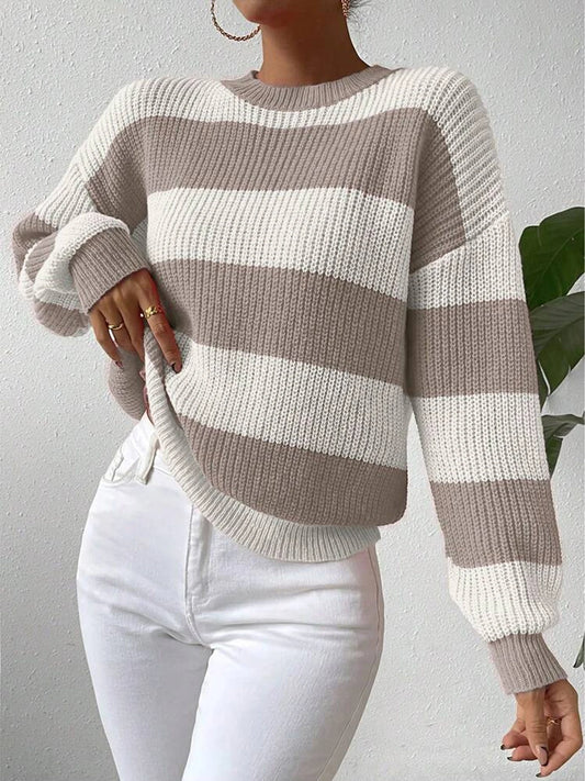 Women's Striped Knitted Sweater with Round Neck