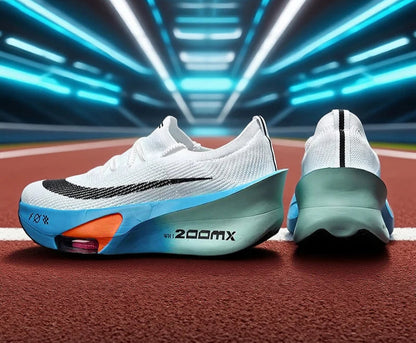 White and blue running shoes with orange accents on a track background, featuring a discount banner.
