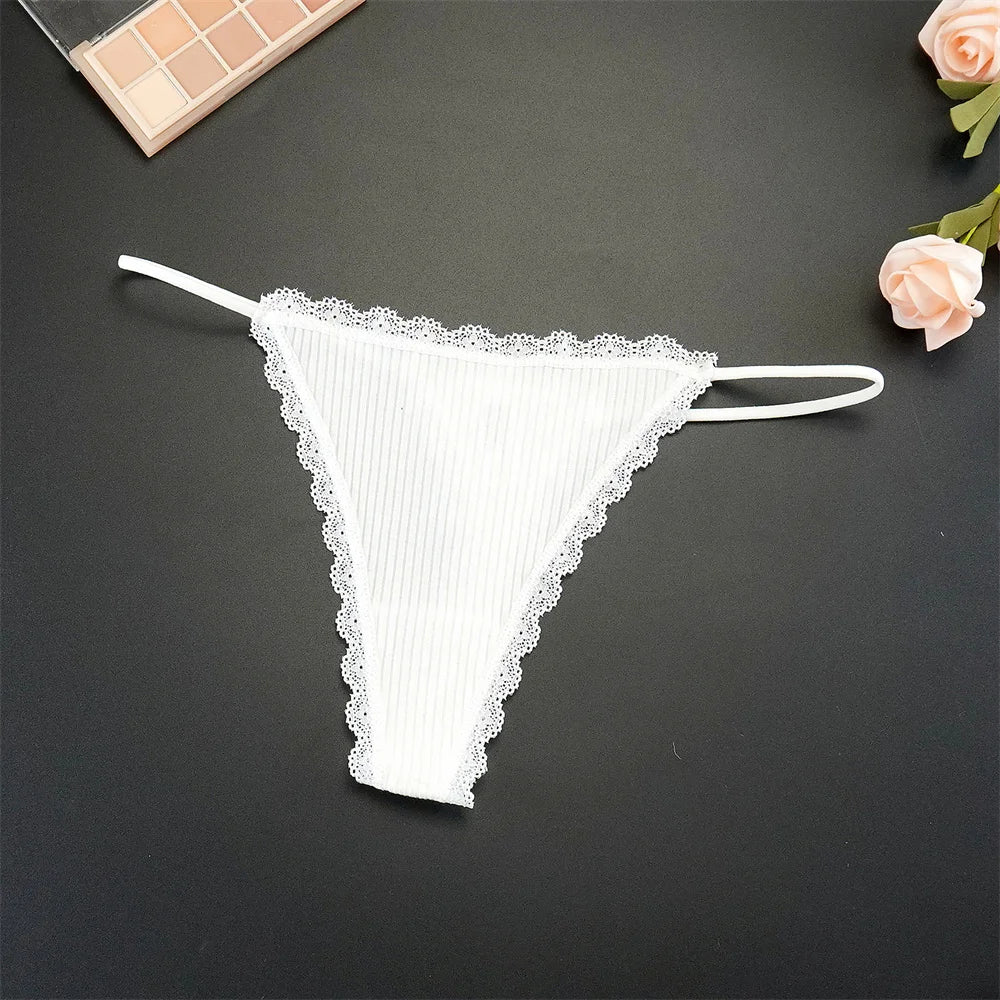 7-Pack Women's Lace Cotton Thong Panties - Thin Strap, Low Waist, Breathable