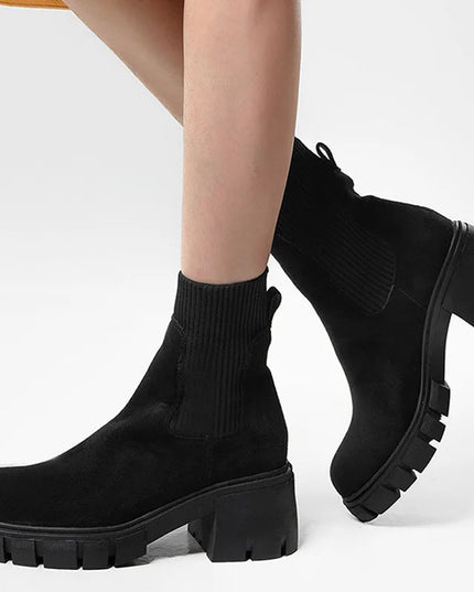 Women's Square Heel Ankle Boots with Thick Sole, Round Toe Faux Suede