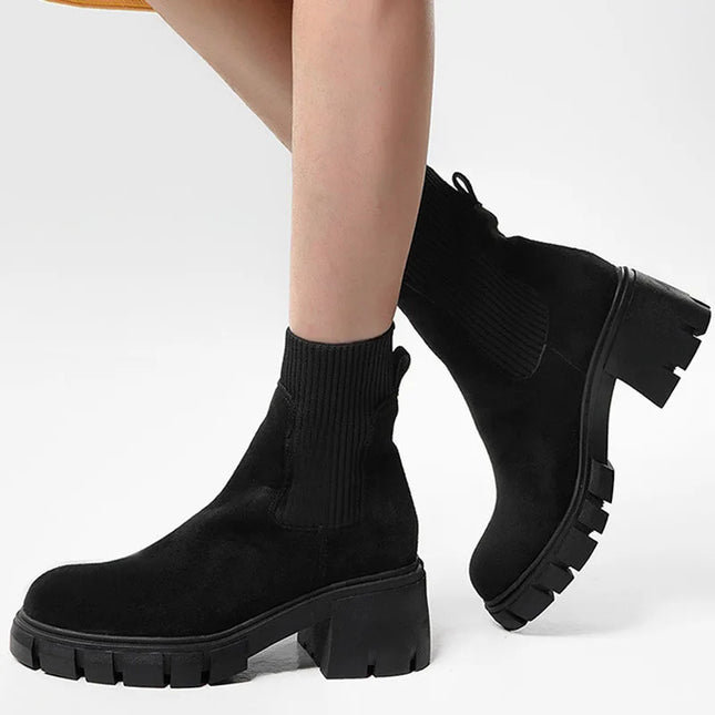 Women's Square Heel Ankle Boots with Thick Sole, Round Toe Faux Suede