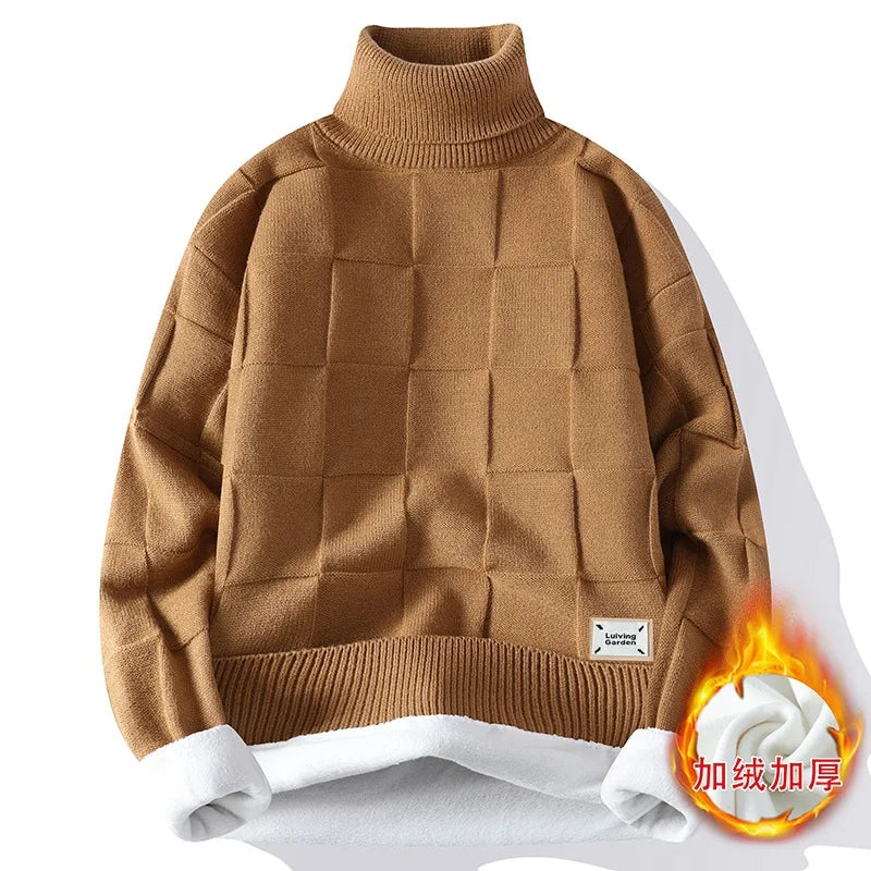 Men's Warm Fleece Turtleneck Sweater - Knitted, Loose Fit, Cozy Winter Pullover