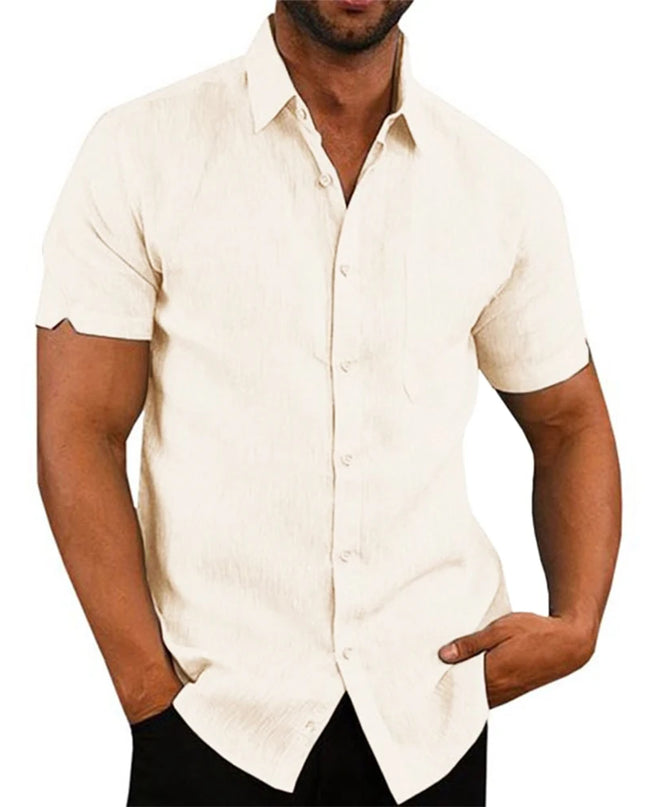 Casual Men's Short-Sleeved Cotton Linen Shirt with Turn-down Collar