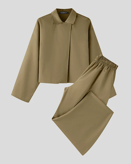 INCERUN Men’s Two-Piece Set: Lapel Long Sleeve Flared Shirt & Flared Pants