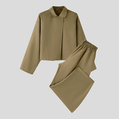 INCERUN Men’s Two-Piece Set: Lapel Long Sleeve Flared Shirt & Flared Pants