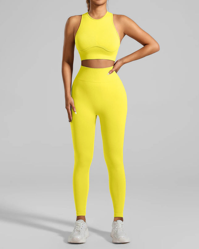 High-Waisted Ribbed Yoga Bra & Leggings Set for Women with Tummy Control