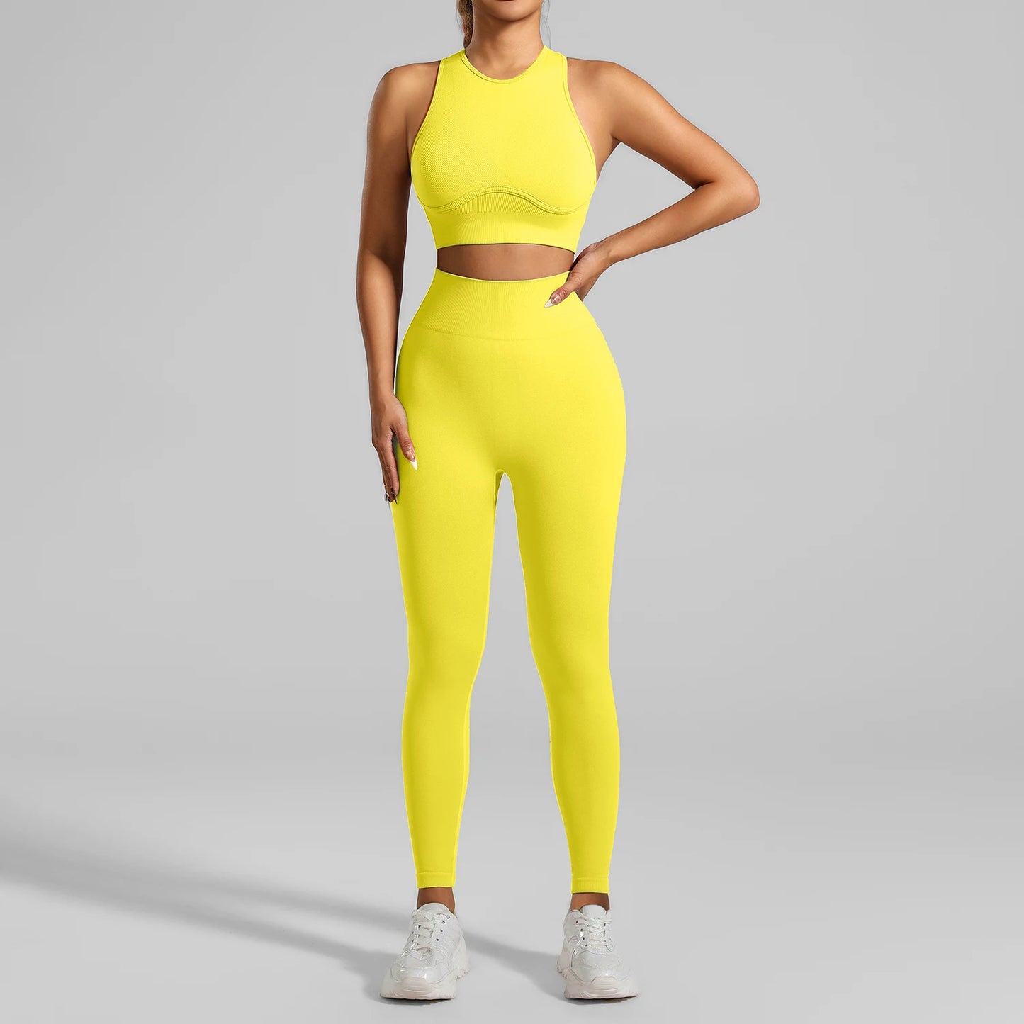 High-Waisted Ribbed Yoga Bra & Leggings Set for Women with Tummy Control