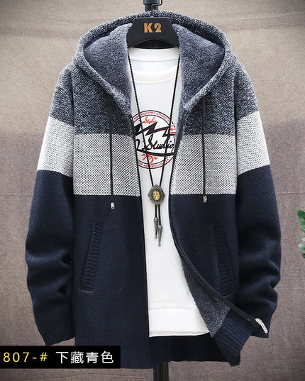 Men's Casual Striped Fleece Zip-Up Cardigan